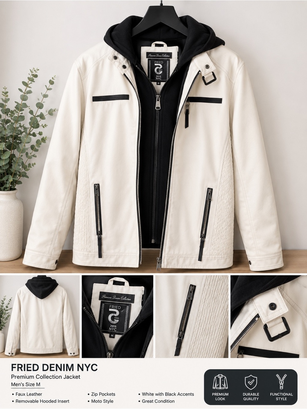 Men's White Faux Leather Jacket with Black Hooded Insert